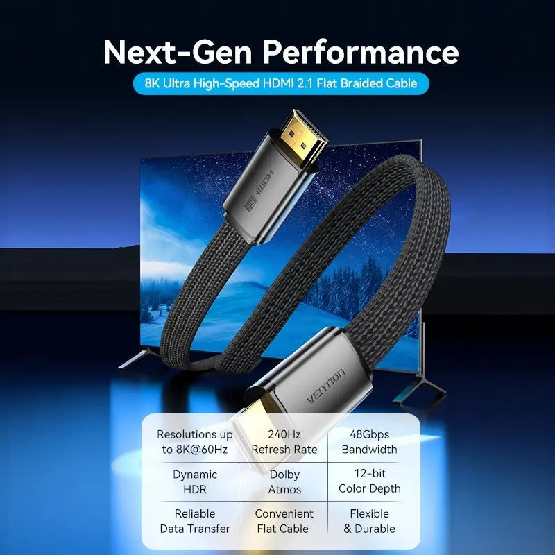 Vention Flat Nylon Braided HDMI™-A Male to Male 8K HD Cable 2M Black - Vention
