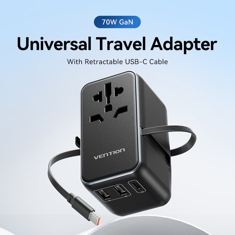Vention 3-Port USB (C + A + A) GaN Universal Travel Adapter (65W/60W/5W) with Built-in USB-C Cable Black - Vention