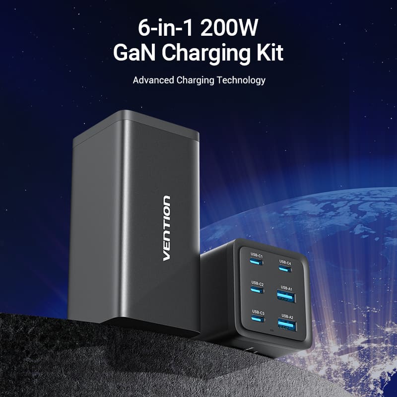 <tc>Vention</tc> Pengisi Daya GaN Desktop USB 6-Port (C+C+C+C +A+A) (140W/140W/45W/20W/18W/18W) Colokan