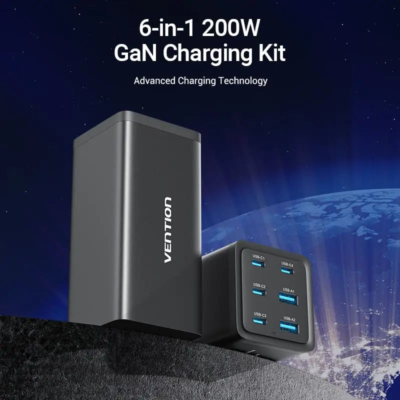 Vention 6-Port USB (C+C+C+C +A+A) Desktop GaN Charger (140W/140W/45W/20W/18W/18W) Plug - Vention