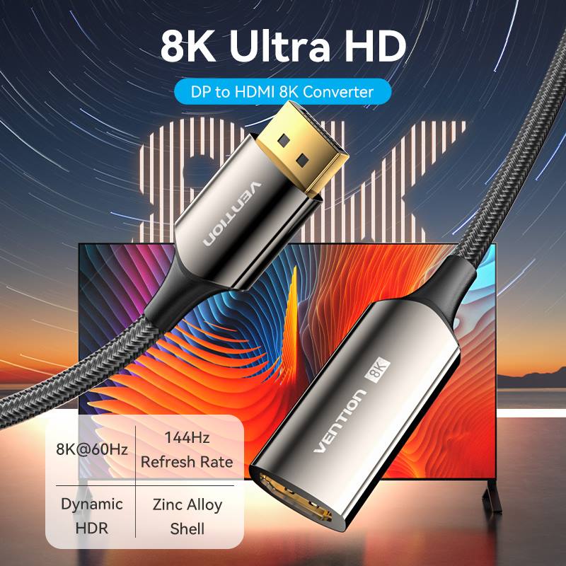 <tc>Vention</tc> Konverter DP Male ke HDMI Female 8K dari Jalinan Katun 0,25M Tipe Paduan Seng Hitam