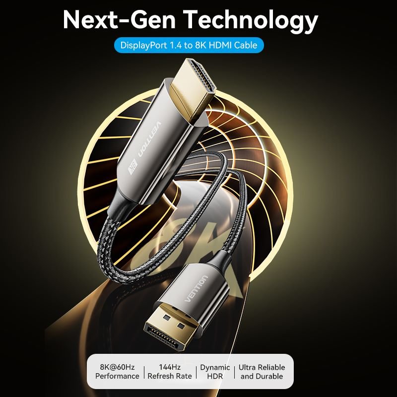 Vention Cotton Braided 8K DisplayPort Male to HDMI™ Male Cable 1.8M Black Zinc Alloy Type - Vention