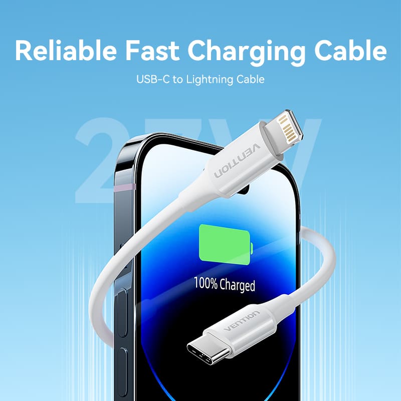 USB 2.0 Type-C Male to Lightning Male 3A Cable 1M White