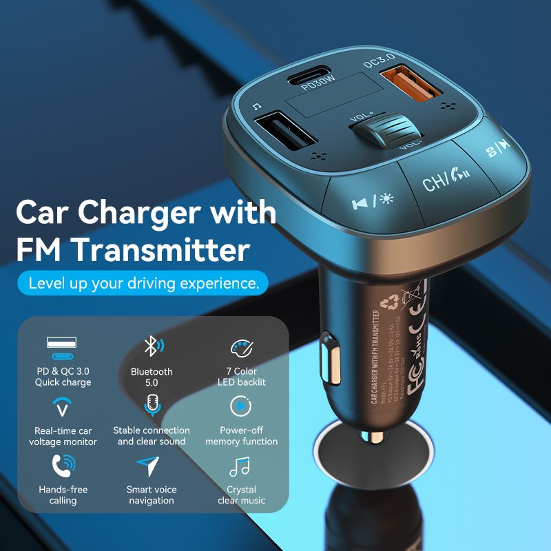 Cargador de coche USB de 3 puertos (C + A + A) con transmisor FM (30W/18W/5W) Tipo ABS negro