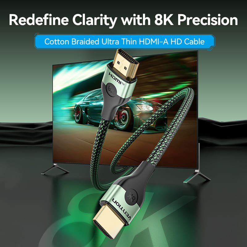 <tc>Vention</tc> Câble HDMI-A mâle vers mâle HD 8K ultra fin en coton tressé, vert, alliage d'aluminium