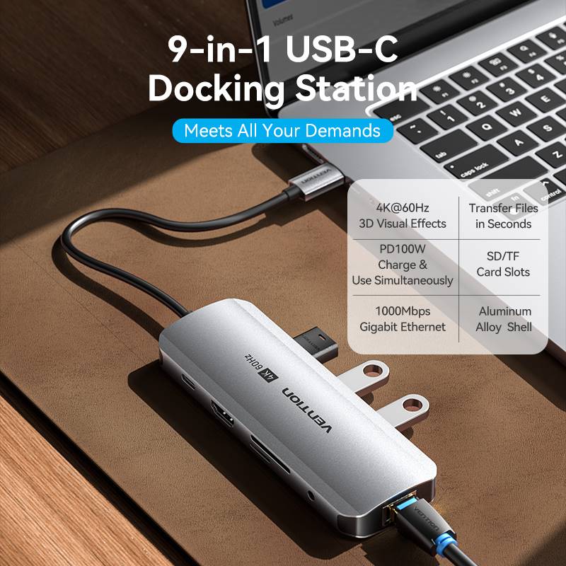 USB-C a HDMI/USB 3.0 x 3/RJ45/SD/TF/TRRS 3.5mm/PD Tipo de aleación de aluminio gris de la estación de acoplamiento los 0.15M