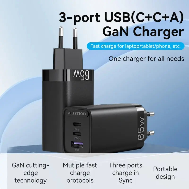 Vention 3-Port USB(C+C+A) GaN Charger(65W/30W/30W) EU-Plug - Vention