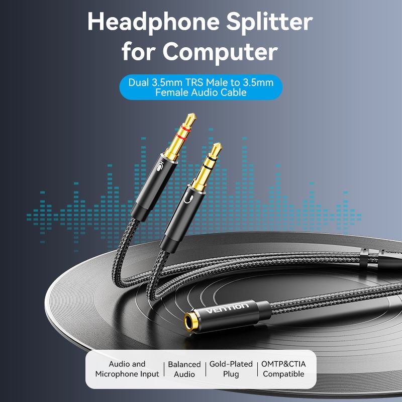 Vention Cotton Braided Dual 3.5mm TRS Male to 3.5mm Female Audio Cable 0.3M Black Aluminum Alloy Headphone Type (OMTP/CTIA) - Vention