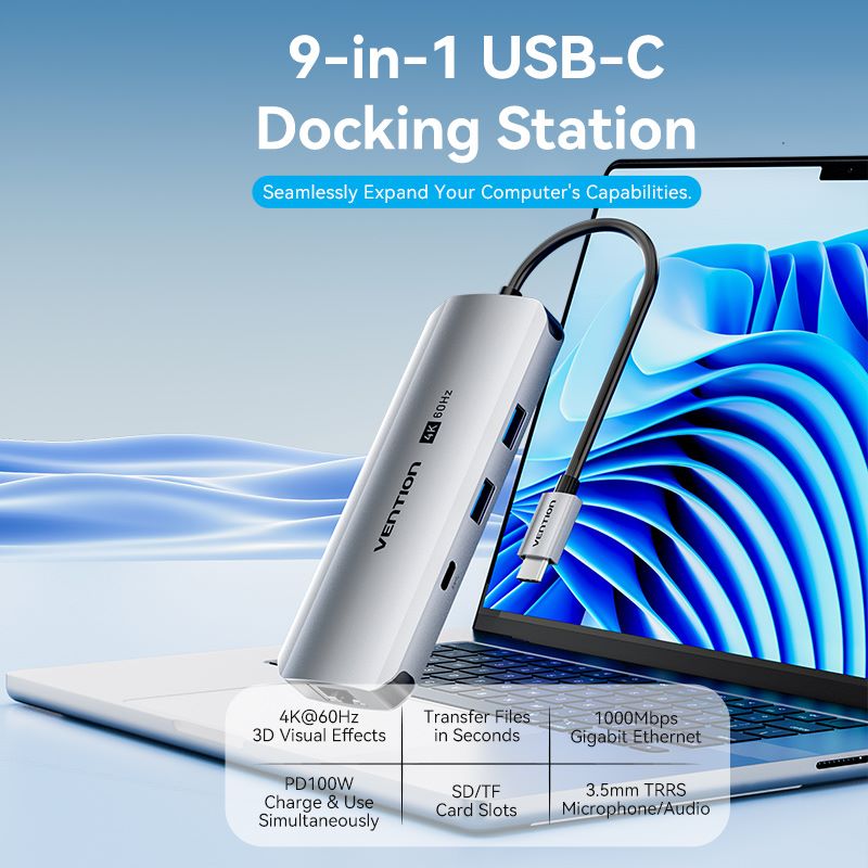 USB-C a HDMI/USB-C Gen 1/USB 3.0 x 2/RJ45/SD/TF/TRRS 3,5 mm/PD Estación de acoplamiento 0,15 M Tipo de aleación de aluminio gris