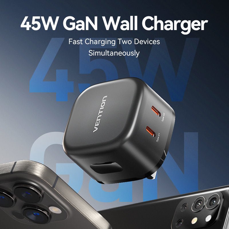 Vention 2-Port USB (C + C) GaN Charger (45W/45W) UK-Plug Black - Vention