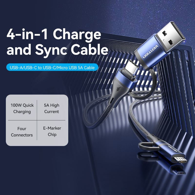 4-in-1 Cotton Braided USB 2.0 Type-A Male + USB-C Male to USB-C Male + Micro Type-B Male 5A Cable 1/1.5/2M Blue Aluminum Alloy Type