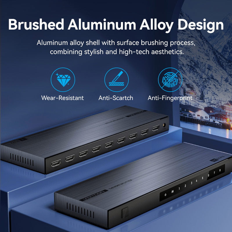 Vention 1-In & 8 Çıkışlı HDMI™ Dağıtıcı 4K@60Hz Black Alüminyum Alaşım Tipi AB Standardı