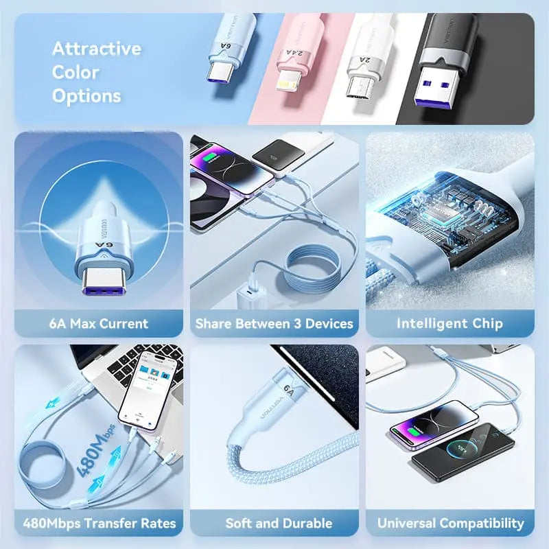 Vention USB 2.0 A Male to 3-in-1 USB-C & Lightning & Micro-B Male 6A Cable Aluminum Alloy Type - Vention