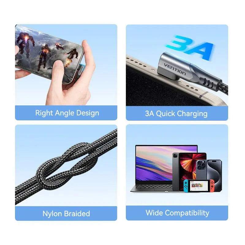 Vention USB 2.0 Type-C Male to Type-C Male Right Angle 3A Cable Aluminum Alloy Type - Vention