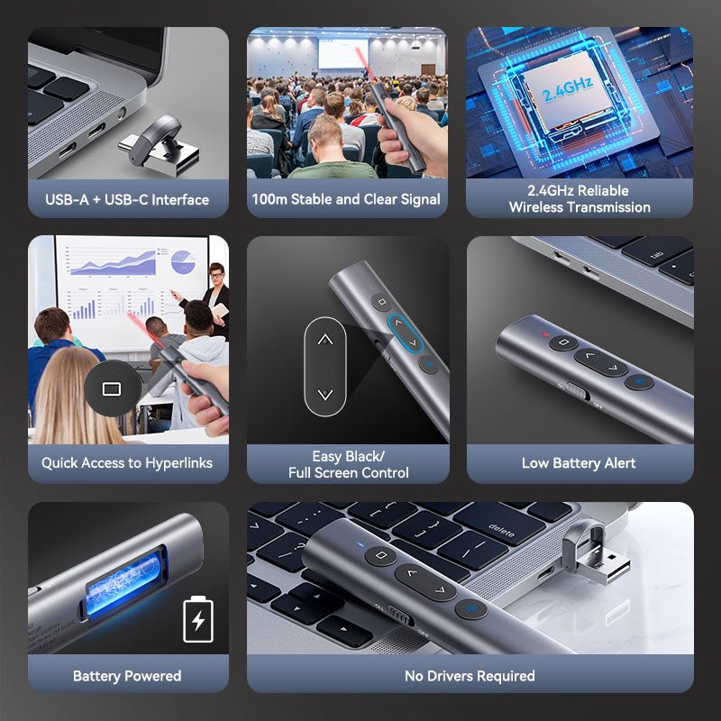 Vention Wireless PowerPoint Presentation Clicker with Red Laser Pointer – Gray - Vention