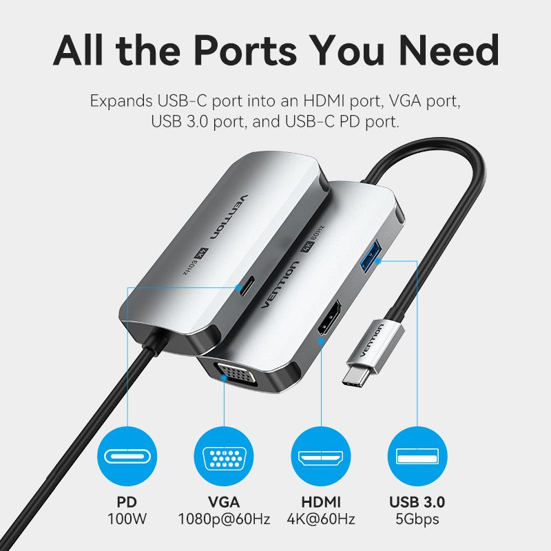USB-C to HDMI/VGA/USB 3.0/PD Docking Station 0.15M Gray Aluminum Alloy Type