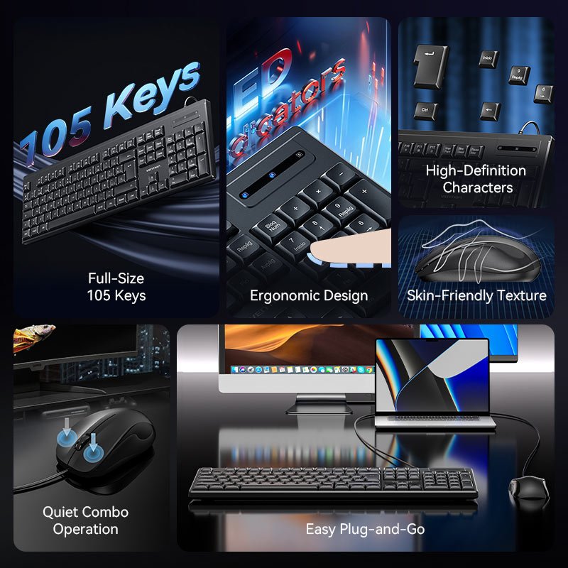 Vention USB Wired Full-Sized Silent Keyboard and Mouse Combo Black Slim Type - Spanish Layout - Vention