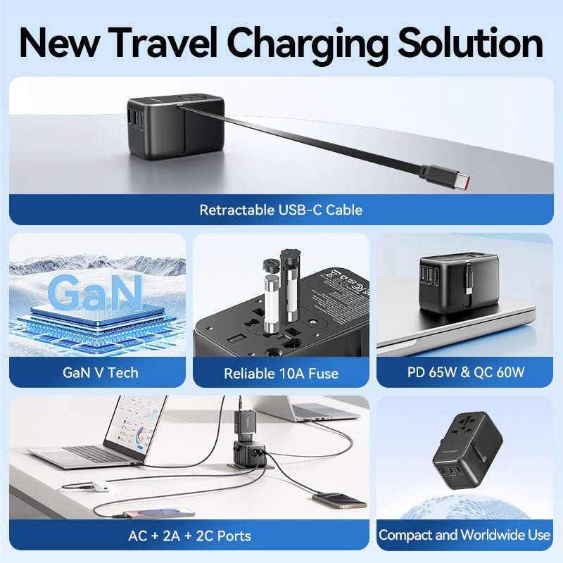 Vention 3-Port USB (C + A + A) GaN Universal Travel Adapter (65W/60W/5W) with Built-in USB-C Cable Black - Vention