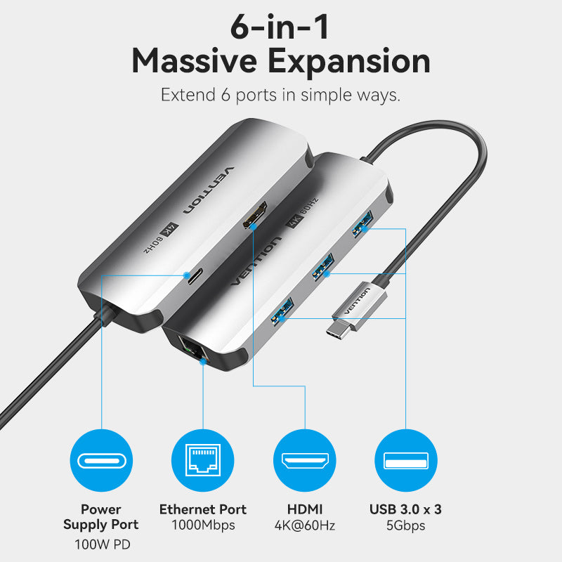 USB-C to HDMI/USB 3.0 x3/RJ45/PD Docking Station 0.15M Gray Aluminum Alloy Type