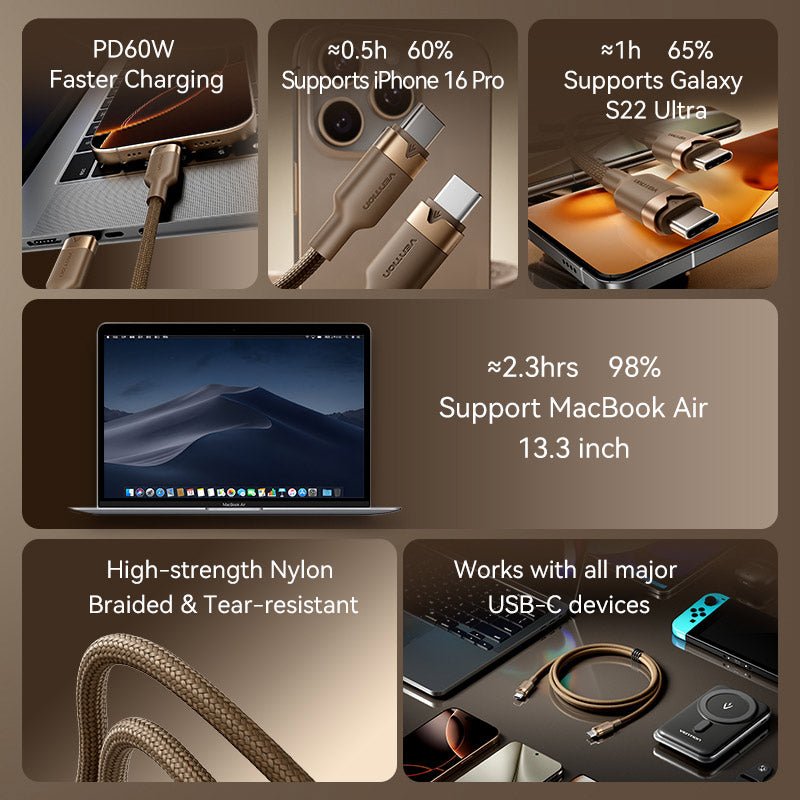 Vention USB 2.0 Type-C Male to Type-C Male 3A Cable Gold Aluminum Alloy Type - Vention