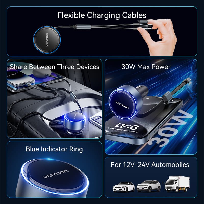 Vention Car Charger with Built-In Cable - Vention