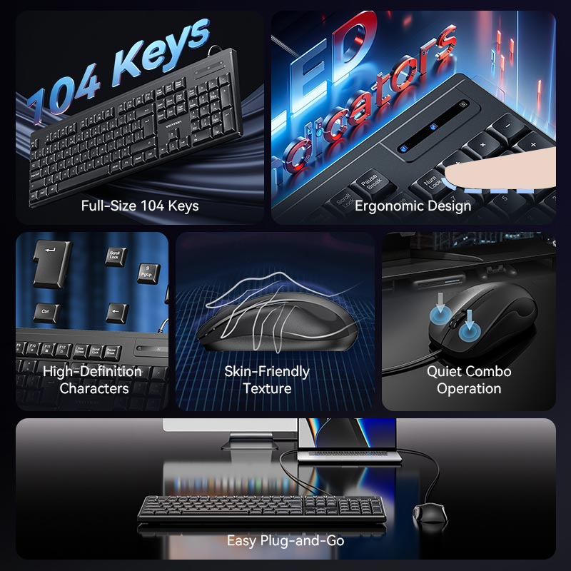 Vention USB Wired Full-Sized Silent Keyboard and Mouse Combo Black Slim Type - Vention
