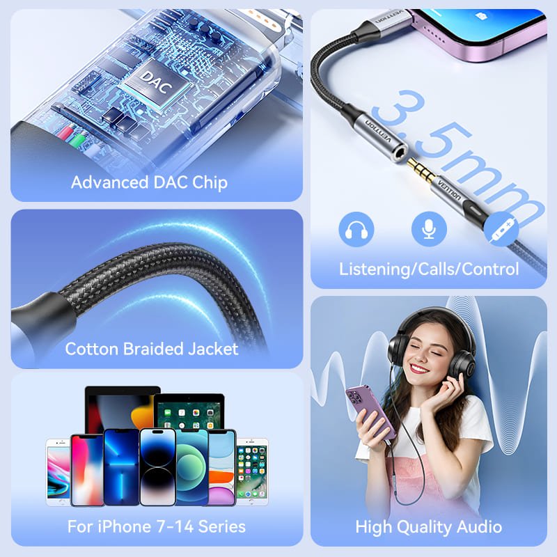 Vention Cotton Braided Lightning Male to 3.5MM Earphone Jack Adapter Aluminum Alloy Type - Vention