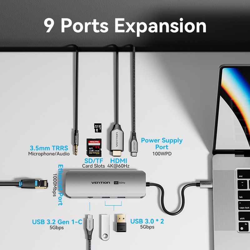 USB-C to HDMI/USB-C Gen 1/USB 3.0 x 2/RJ45/SD/TF/TRRS 3.5mm/PD Docking Station 0.15M Gray Aluminum Alloy Type