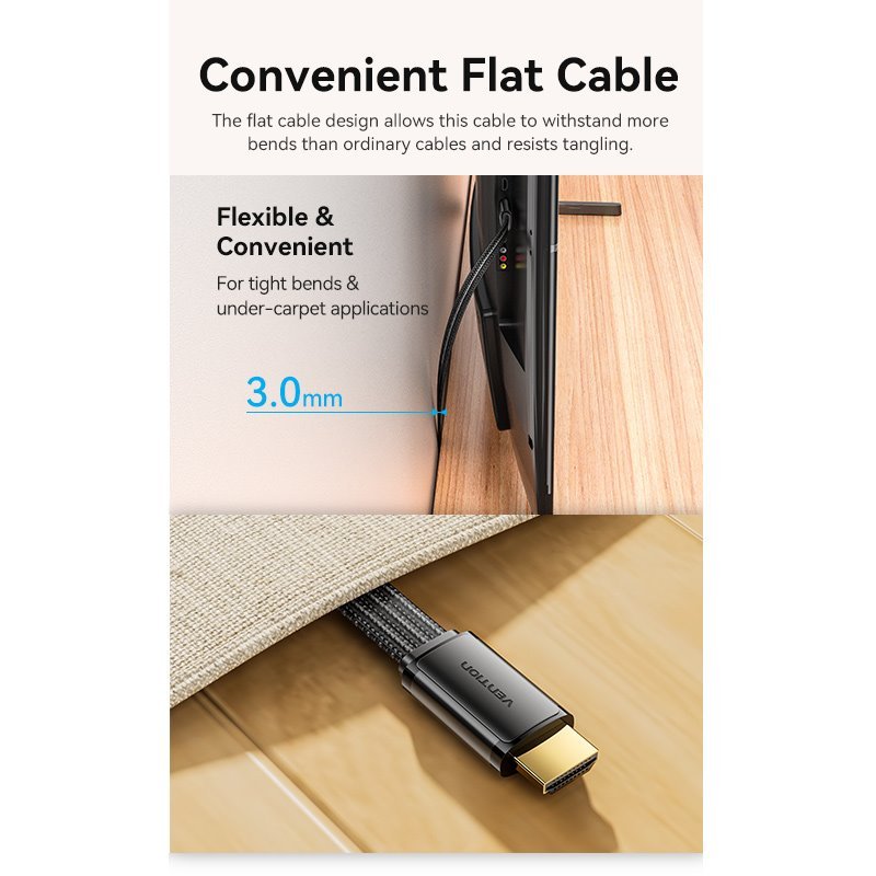 Vention Flat Nylon Braided HDMI™-A Male to Male 8K HD Cable 2M Black - Vention