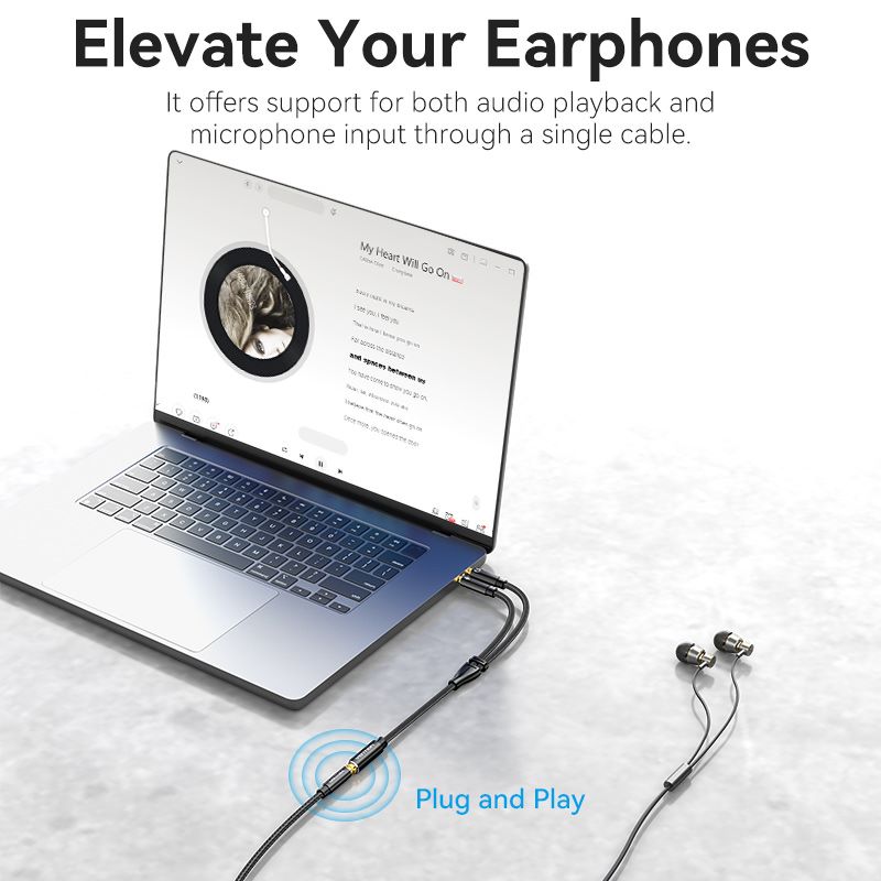 Vention Cotton Braided Dual 3.5mm TRS Male to 3.5mm Female Audio Cable 0.3M Black Aluminum Alloy Headphone Type (OMTP/CTIA) - Vention