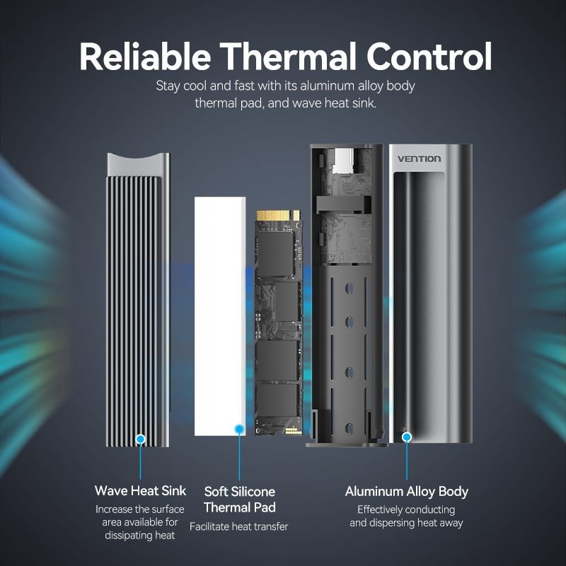 Vention M.2 NVMe SSD Enclosure (USB 3.1 Gen 2-C) with Heat Sink Gray Aluminum Alloy Type - Vention