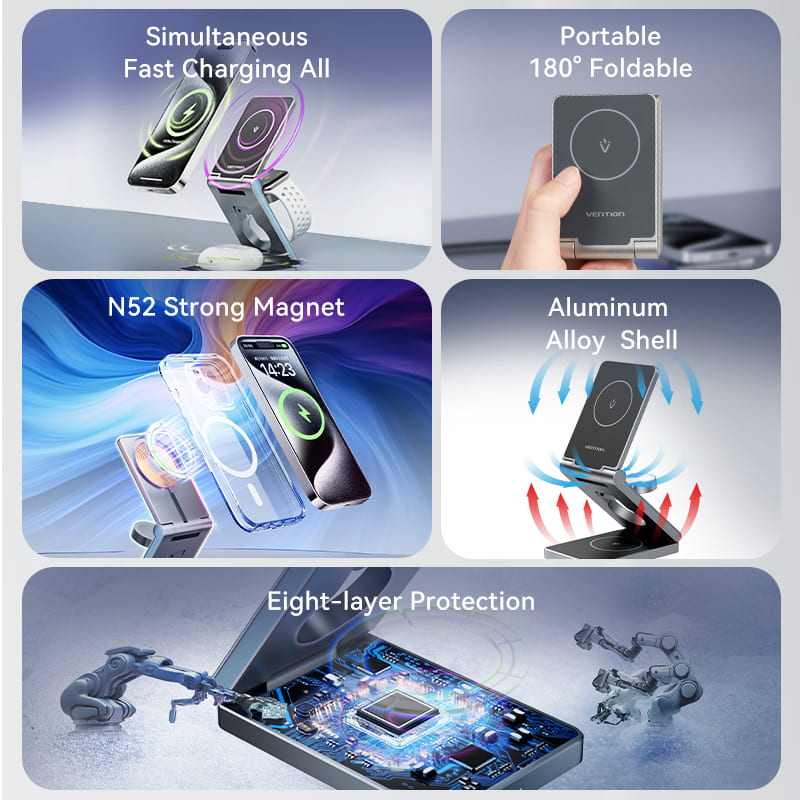 <tc>Vention</tc> Chargeur sans fil 3-en-1 15 W avec MagSafe Gris