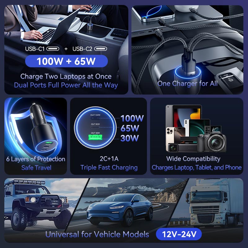 Vention Three-Port USB C+C+A (100W+65W+30W) Car Charger Black ABS Type