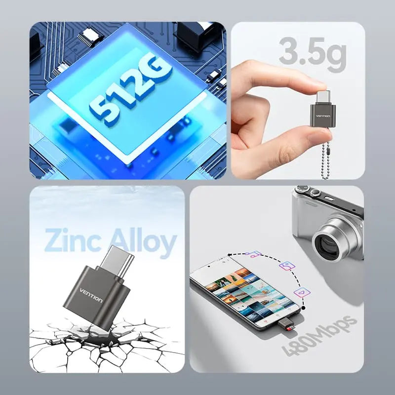 Vention USB 2.0 Type-C MicroSD Card Reader Gray Zinc Alloy Type - Vention