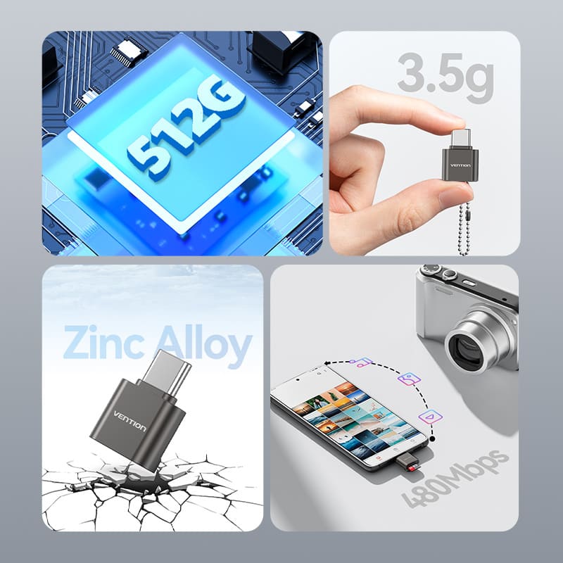 USB 2.0 Type-C MicroSD Card Reader Gray Zinc Alloy Type