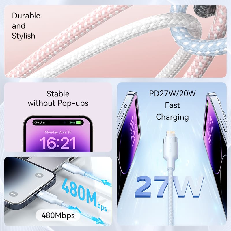 USB 2.0 Type-C Male to Lightning Male 3A Cable