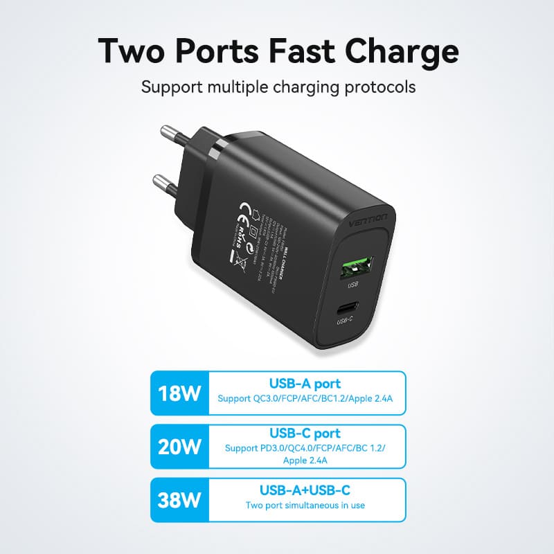 <tc>Vention</tc> 双端口 USB(A+C) 壁式充电器 (18W+20W) 欧规 黑色