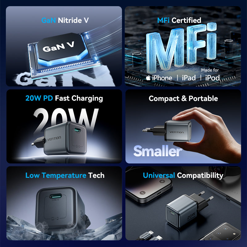 Vention 1 Portlu USB-C GaN Şarj Cihazı (20W) Gri, USB-C - Lightning Kablosu (1M) Siyah AB Fişi ile birlikte