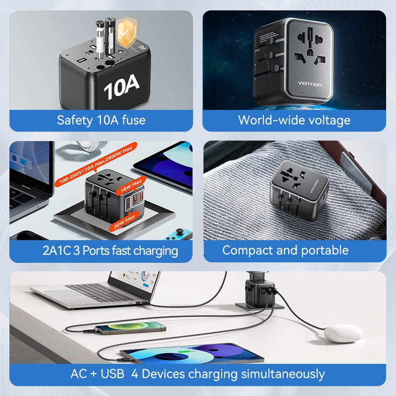 Vention 3-Port USB (C+A+A) Universal Travel Adapter (20W/18W/18W) - Vention