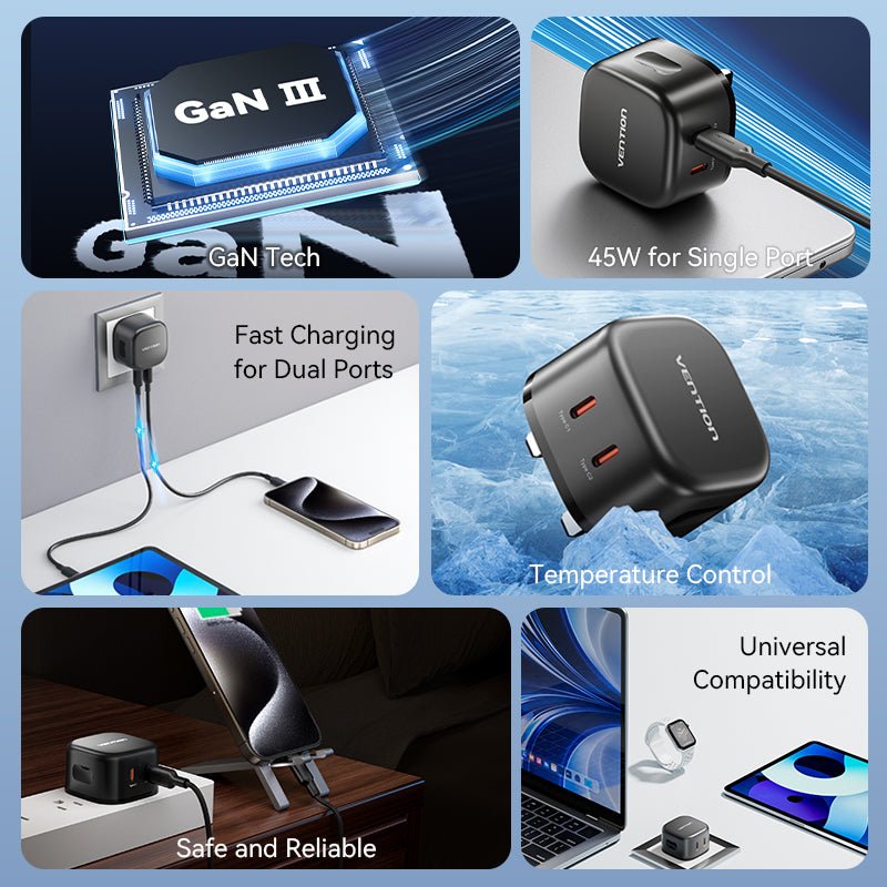 Vention 2-Port USB (C + C) GaN Charger (45W/45W) UK-Plug Black - Vention