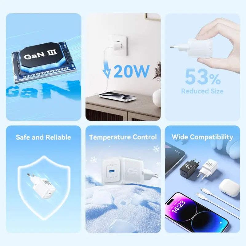 Vention 1-Port USB-C GaN Charger 20W with USB-C to USB-C Cable 1M EU-Plug - Vention