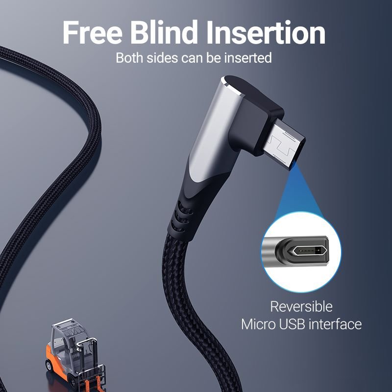 USB 2.0 A Male to Micro-B Male Right Angle 3A Cable 0.25/0.5/1/1.5/2/3M Gray Aluminum Alloy Type - Vention