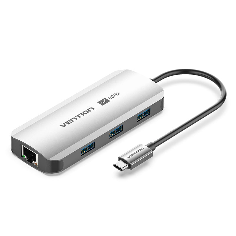 USB-C to HDMI/USB 3.0 x3/RJ45/PD Docking Station 0.15M Gray Aluminum Alloy Type