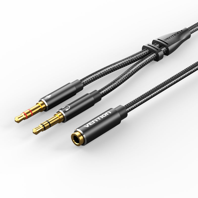 Vention Cotton Braided Dual 3.5mm TRS Male to 3.5mm Female Audio Cable 0.3M Black Aluminum Alloy Headphone Type (OMTP/CTIA)