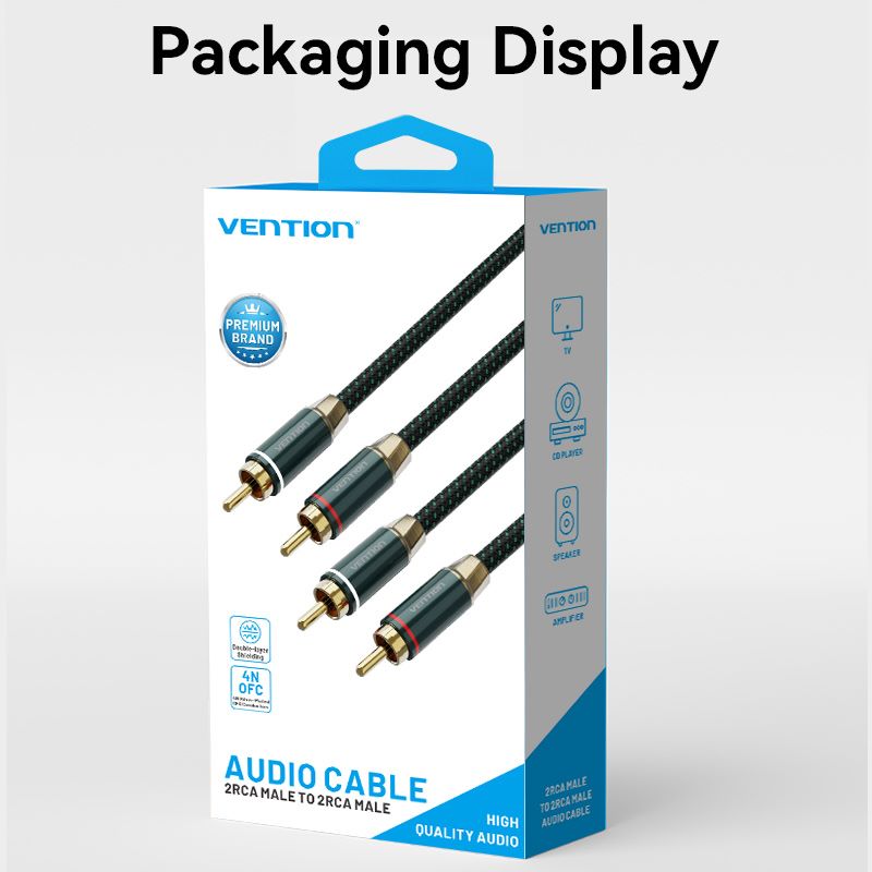 Vention Cotton Braided 2RCA Male to 2RCA Male Audio Cable 0.5/1/1.5/2/3/5/8/10M Green Copper Type