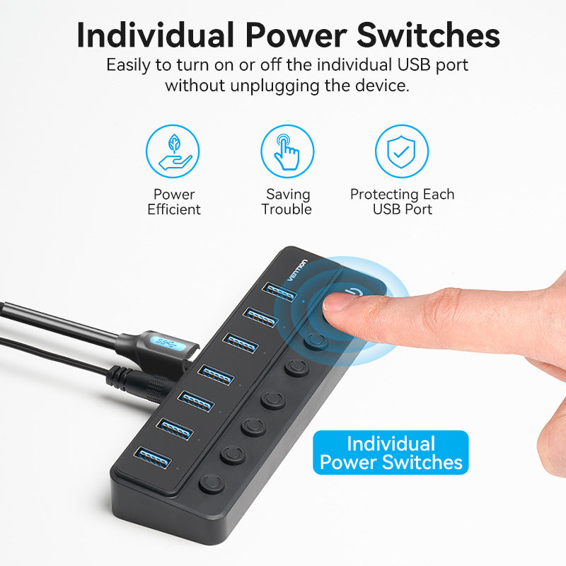 USB B 3.0 to USB 3.0 x7 Hub with Individual Power Switches and DC 5.5mm Power Adapter CN/UK/US/EU-Plug Black