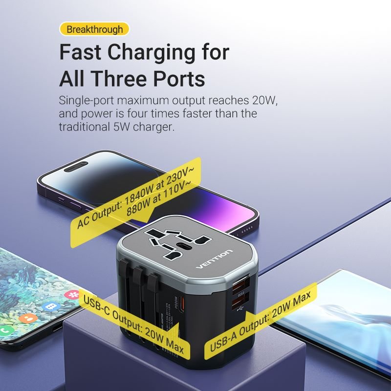 Vention 3-Port USB (C+C+A) Universal Travel Adapter (20W/18W/18W) - Vention