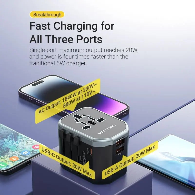 Vention 3-Port USB (C+C+A) Universal Travel Adapter (20W/18W/18W) - Vention
