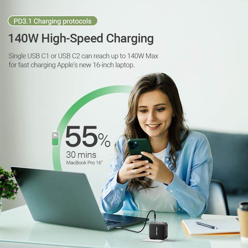 Vention 4 Portlu USB (C + C + C + A) GaN Şarj Kiti (140W/140W/30W/30W) AB Fişi