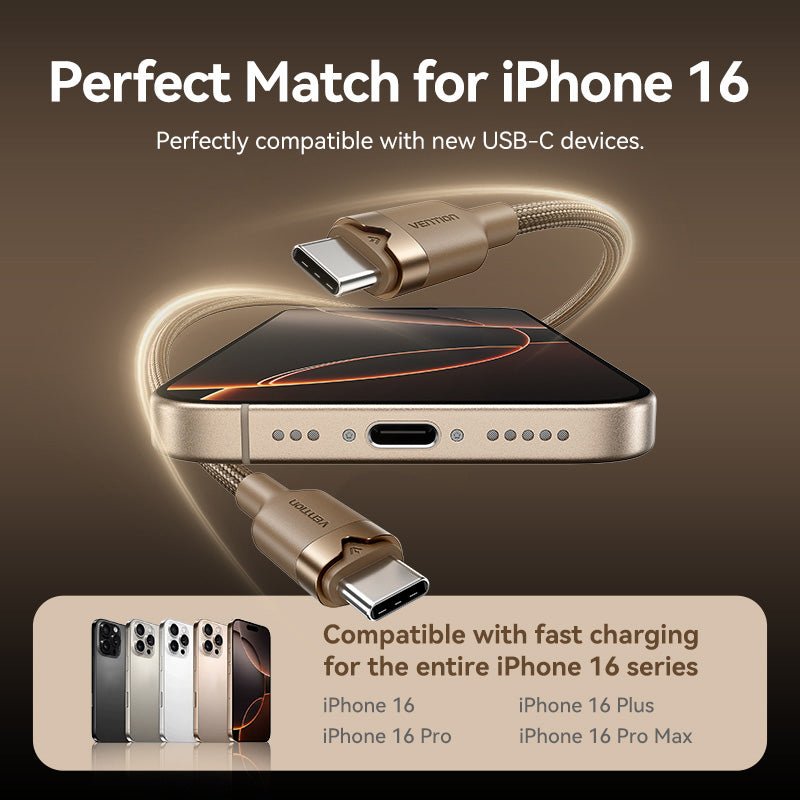 Vention USB 2.0 Type-C Male to Type-C Male 3A Cable Gold Aluminum Alloy Type - Vention